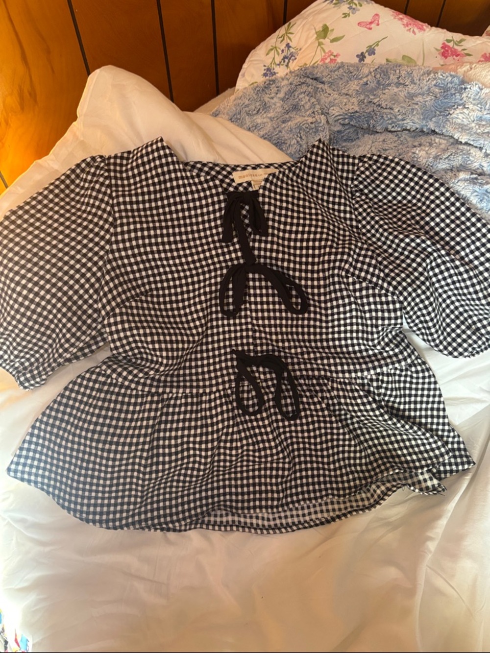 Black & White Gingham Peplum Top with Tie Front